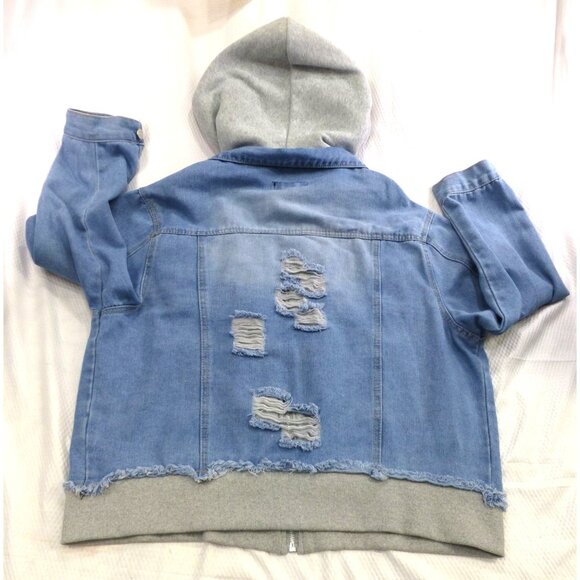 Distressed Denim Hooded Jacket With Playful Rips & Layered Style 1X Thrill Jeans - Picture 3 of 13